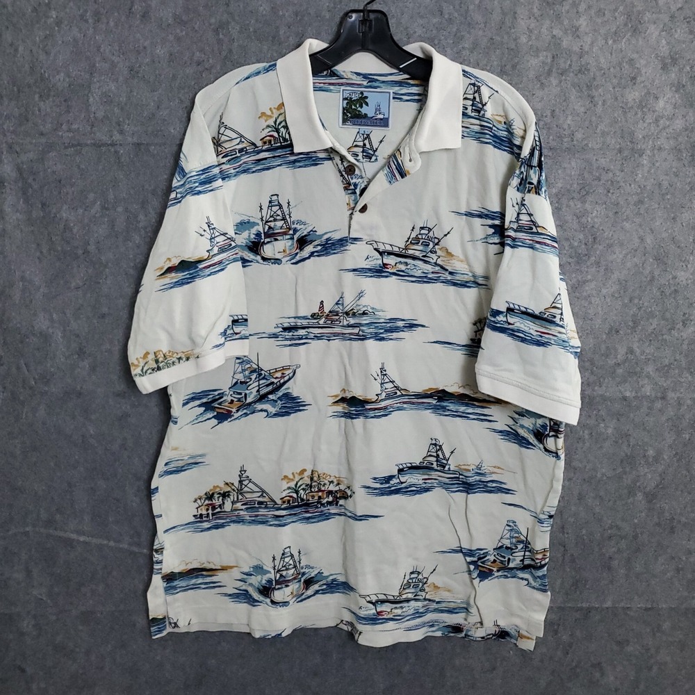AFTCO Bluewater Polo Shirt Men‎ S  All Over Print Sail Fish Boat Nautical White